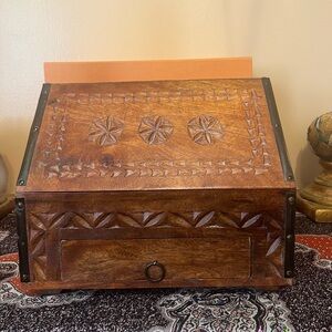 Vintage Travel Desk Letter Box, Heavy, Carved Wood W/Iron Hardware